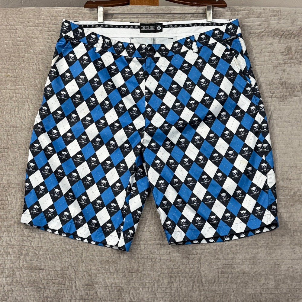 Tattoo Golf Performance Mens Blue Argyle Skull Crossbones Golf Shorts Size 42‎